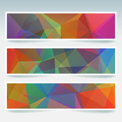 Vector banners set with polygonal abstract triangles. Abstract polygonal low poly banners. Pink, red, green, blue colors.