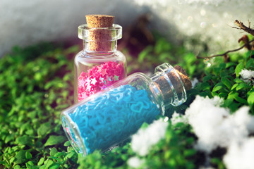 Two Glass bottles with purple stars and blue hearts in the forest.