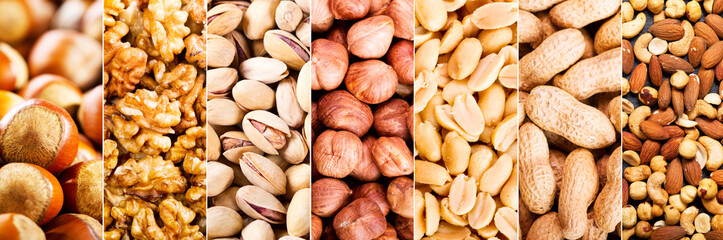 collage of mixed nuts - obrazy, fototapety, plakaty