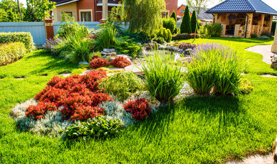 Beautiful backyard landscape design. View of colorful trees and decorative trimmed bushes and rocks
