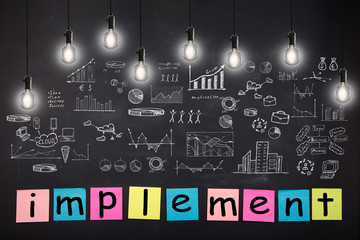 Business concept - sketch with schemes and graphs on chalkboard