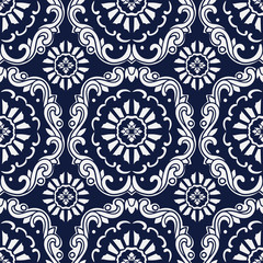 Seamless Blue Japanese Background Botanic Spiral Curve Cross Flower
