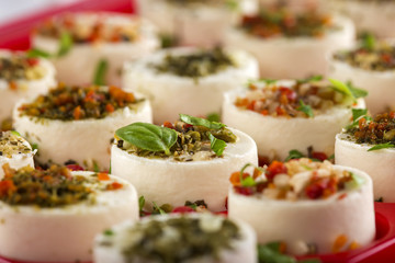 Appetizers cheese with vegetables and basil