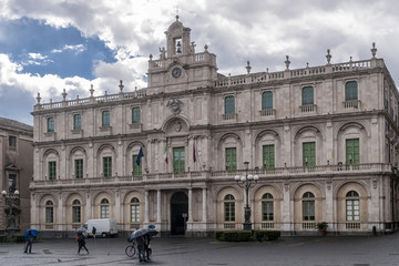 The facade of the University of Catania, Sicily, Italy, in the historic center of the city