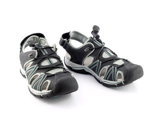 extreme sport sandals, pair of trekking or climbing shoes isolated on white