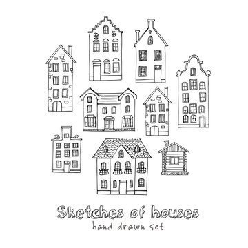 Set of hand drawn buildings. Vector illustration.