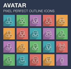 Set of pixel perfect outline avatar icons with long shadow. 
Editable stroke.