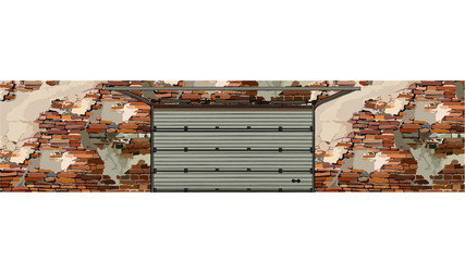 garage doors in the background of a shabby brick walls