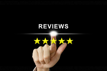 business hand pushing reviews on screen