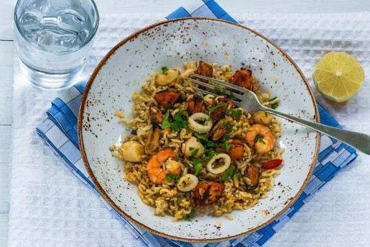 Seafood pilaf or risotto