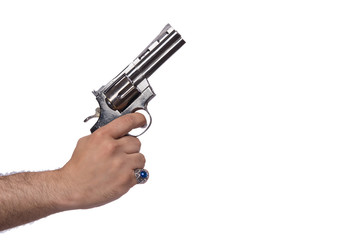 Hand with handgun isolated on white