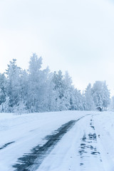 Winter slippery road after snow blizard among frozen trees. 