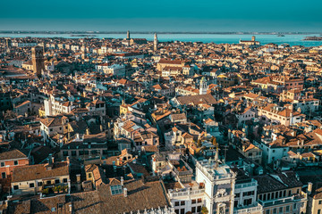 Aerial view in winter from the San Marco Square, Venice, Veneto, Italy. Panoramic view at blue hour.