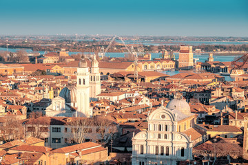 Fototapeta na wymiar Aerial view in winter from the San Marco Square, Venice, Veneto, Italy. Panoramic view at blue hour.