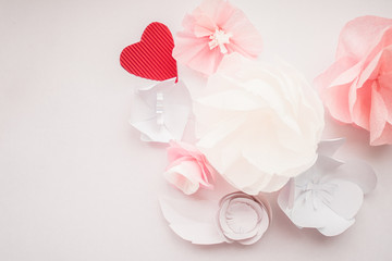 delicate paper flowers and red heart valentine's day