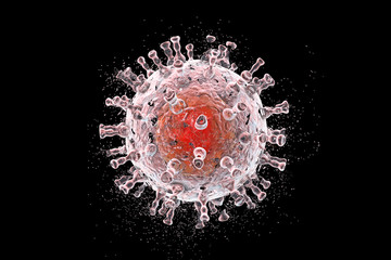 Destruction of Kaposi's sarcoma virus. 3D illustration of a herpes virus type 8 which causes Kaposi's sarcoma in HIV-infected patients. Concept for Kaposi's sarcoma treatment and prevention