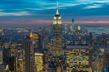 Night view of New York Manhattan during sunset