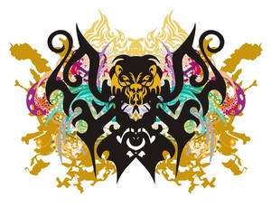 Scary butterfly splashes. Grunge terrible butterfly with gold splashes, floral elements, colorful drops and the lion's head