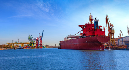 A ship under repair at shipyard in Gdansk, Poland.