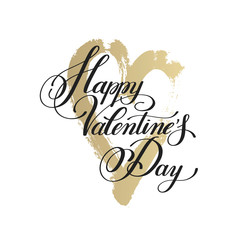 Obraz na płótnie Canvas happy valentines day handwritten lettering on gold heart shape 