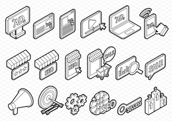 illustration of info graphic seo optimization icons set concept in isometric 3d graphic