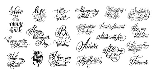 set of black and white hand written lettering about love to vale