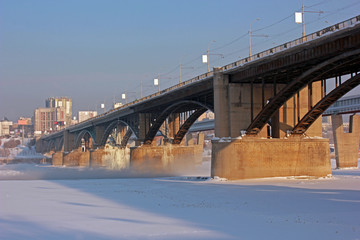 Communal bridge across the Ob River in winter, Novosibirsk.