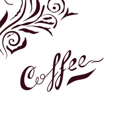 Coffee lettering. Hand drawn letters with floral design elements on background. Black on white