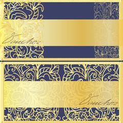 Vouche in floral gold color. Background design in dark blue