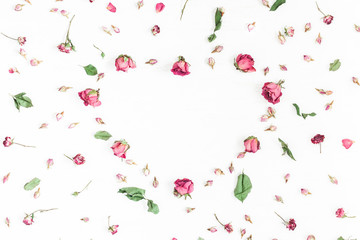 Flowers composition. Frame made of dried rose flowers on white background. Valentine's Day. Flat lay, top view