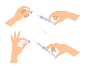 Doctor, nurse is holding syringes and vials, phials in his hand to inject vaccine. Medicine, science and health care flat concept illustration of hands with medical, clinic, laboratory injection tools
