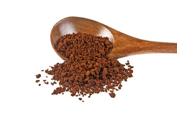 Instant coffee grains in wooden spoon on a white background