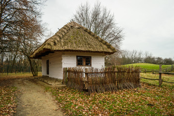 Cottage with thatched roof in the Open air museum of vernacular architecture in Straznice, Czech Republic