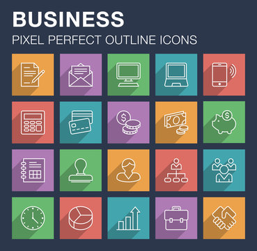 Set of pixel perfect outline business icons with long shadow. 
Editable stroke.
