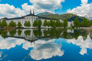 monastery mirrors in calm lake