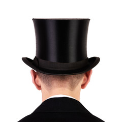Mann mit schwarzen Hut, Zylinder von hinten isoliert weißer Hintergrund