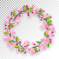 Blossoming cherry round frame for text. Apple-tree or cherry flowers and buds of branch are twisted by ring banner. Spring design isolated on transparent background.