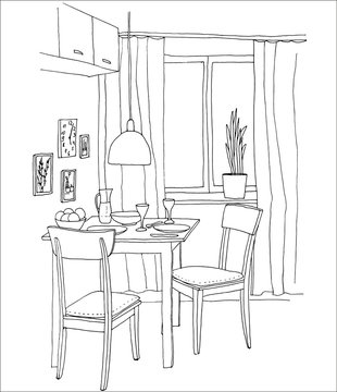 Interior hand-drawn sketch. Kitchen with a table, two chairs, window, lamp, pictures.