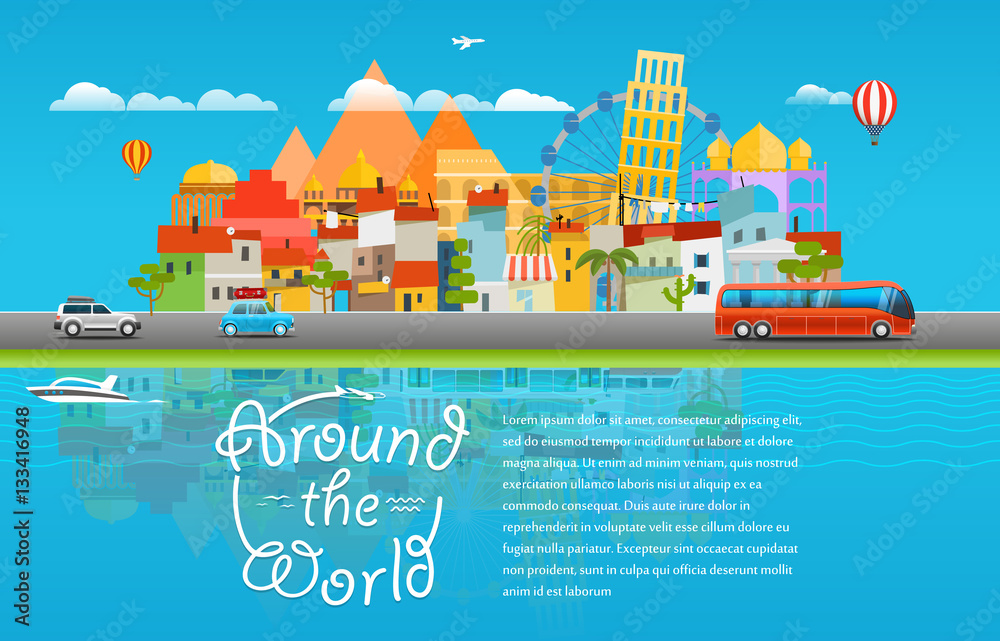 Poster around the world travelling concept. template for a text