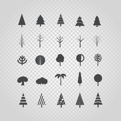 Different tree silhouette vector set isolated on transparent