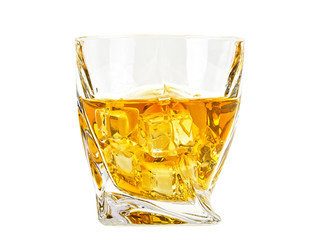 Glass of whiskey and ice isolated on white background