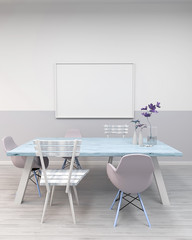 interior mockup framed poster. Table and chairs in a room with a flower in pastel colors. 3d rendering