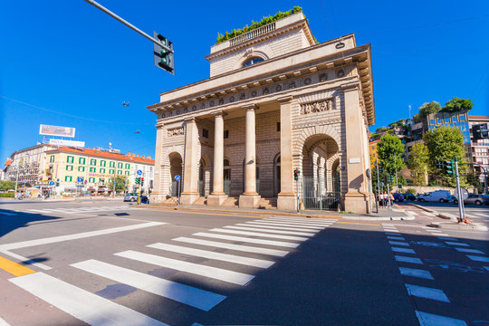 A street view of beautiful historic landmark - Porta Venezia (crossroad on Avenue Buenos Aires and street Bastioni di Porta Venezia)