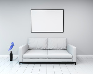 interior mockup framed poster. Sofa in an empty room with flower. 3d rendering