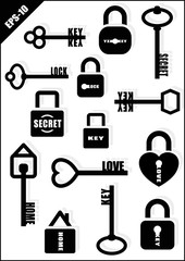 Key and Lock. Secret. Love. Home. Icon set. Vector illustration.