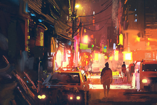 old street in the futuristic city at night with colorful light,sci-fi concept,illustration painting