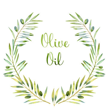wreath of olive branches watercolor and letters in hand writing watercolor style. Design elements isolated on white background