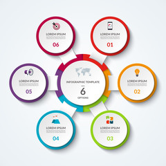 Infographic diagram with 6 options. Vector template what can be used as circular chart, numbered banner, workflow layout, graph, report, presentation, web design.