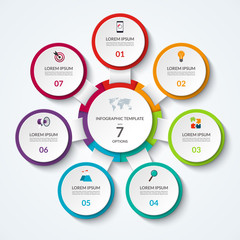 Infographic diagram with 7 options. Vector template what can be used as circular chart, numbered banner, workflow layout, graph, report, presentation, web design.