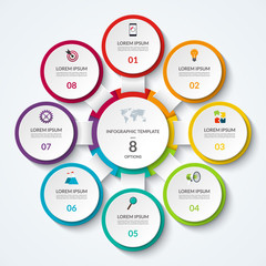 Infographic diagram with 8 options. Vector template what can be used as circular chart, numbered banner, workflow layout, graph, report, presentation, web design.